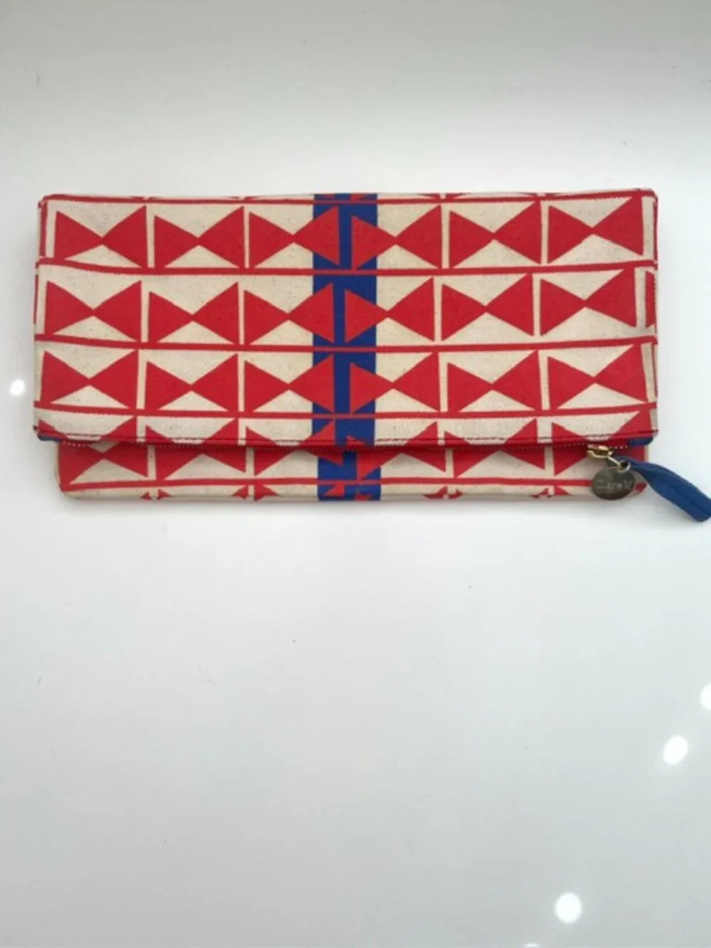 Clare V. Foldover Clutch in Geometric Red Blue Canvas